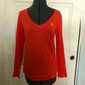 Ralph Lauren blue label orange v-neck long sleeve basic t-shirt women large